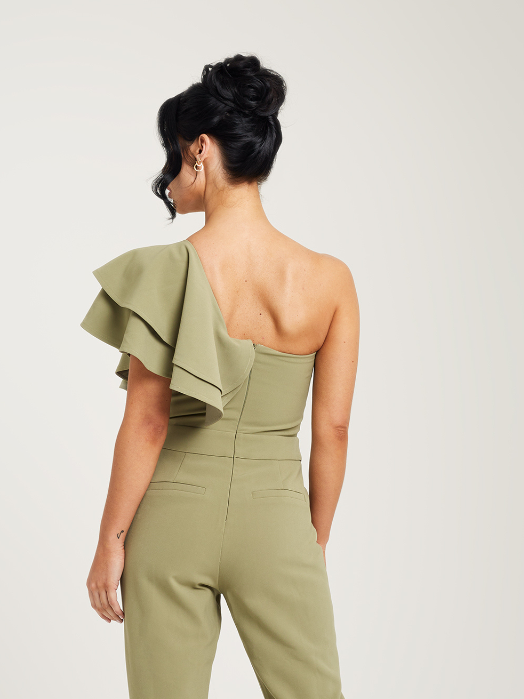 One Shoulder Ruffle Jumpsuit  | Sage Green