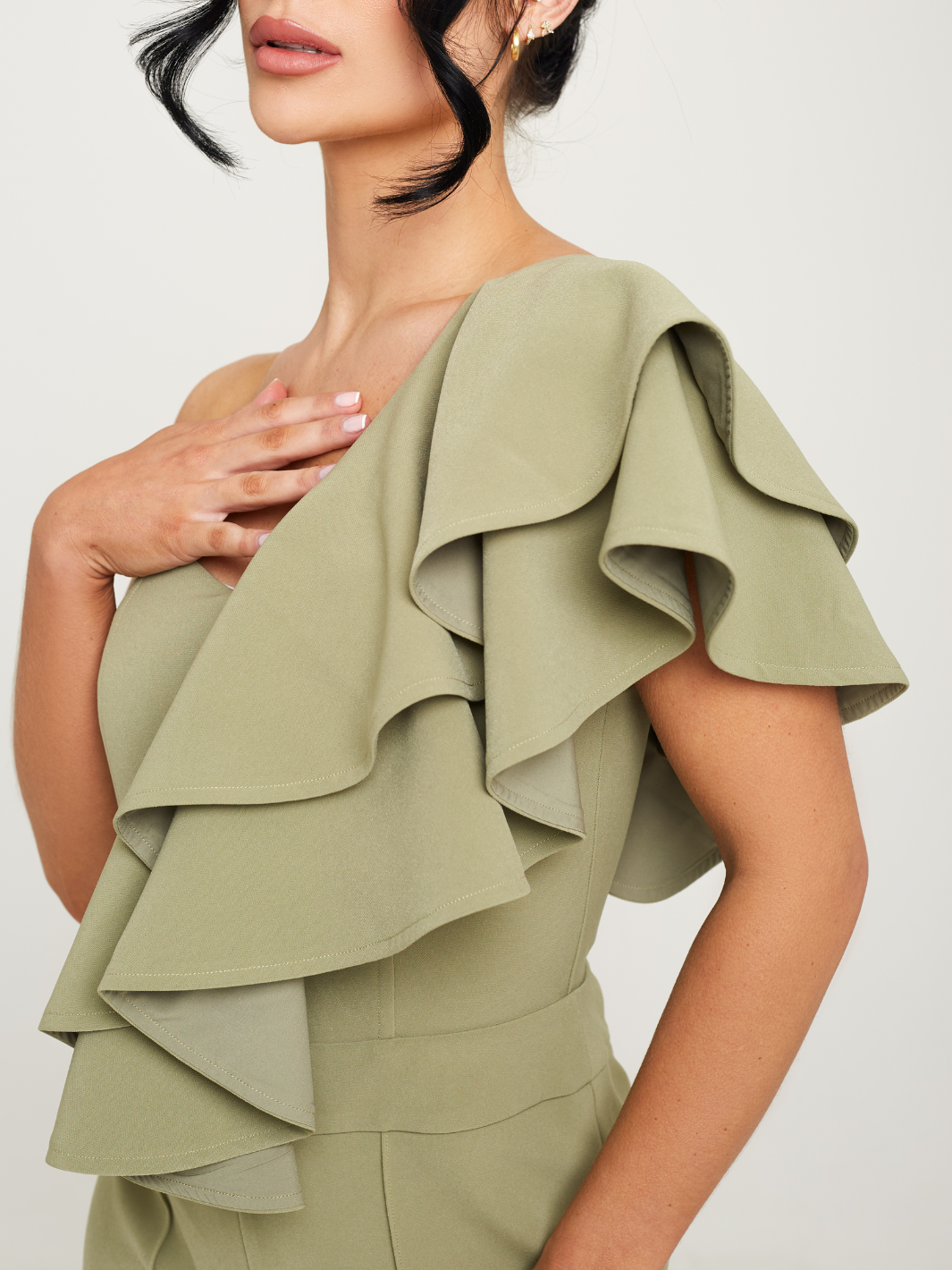 One Shoulder Ruffle Jumpsuit  | Sage Green