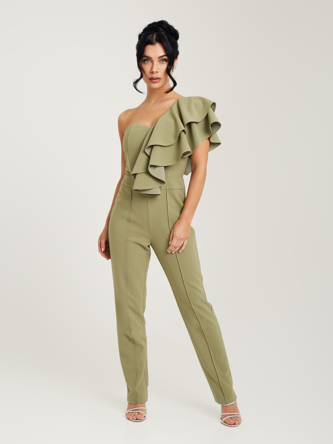 One Shoulder Ruffle Jumpsuit  | Sage Green