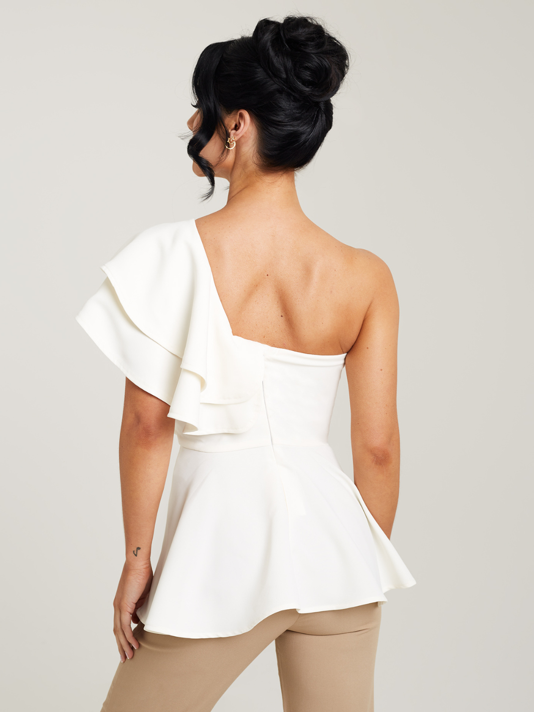 One Shoulder Ruffle Peplum Top | Cream